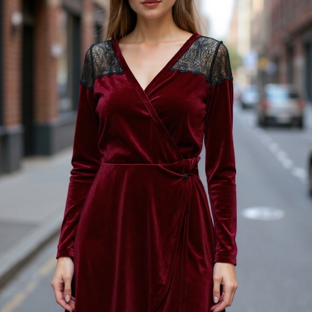 Angie Velvet Wrap Dress with Lace Detail – Burgundy, Size L